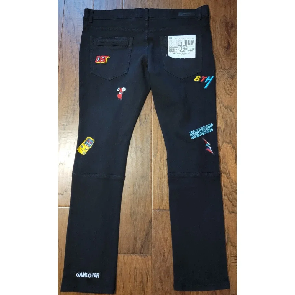 NWT 8ighth DSTRKT Men's Black GRAPHIC&EMBROIDERY SLIM Denim Jeans Size 36x32‎
